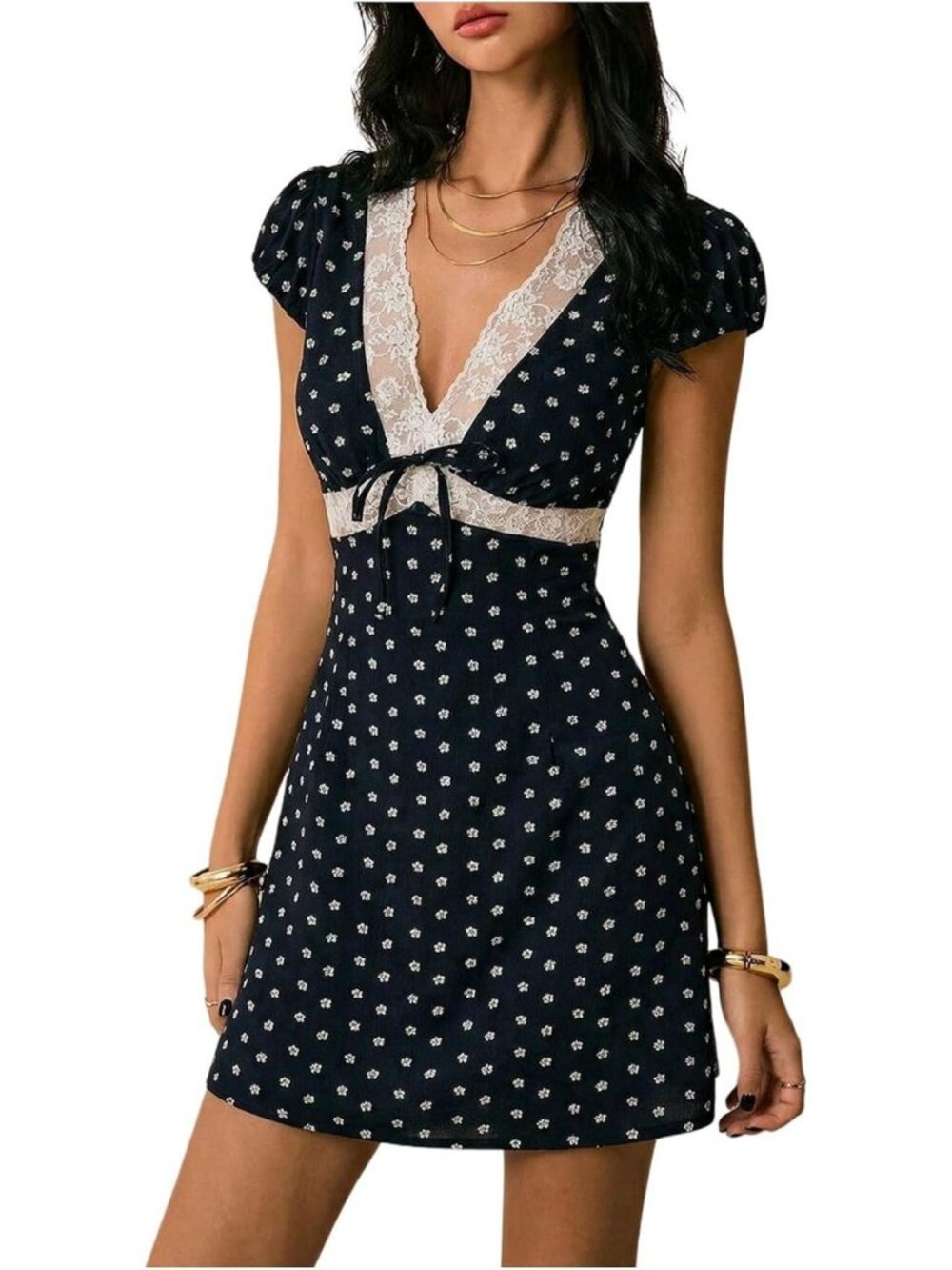 Floral Lace Trim Mini Dress with Puff Sleeves & Deep V Neck - Summer Babydoll